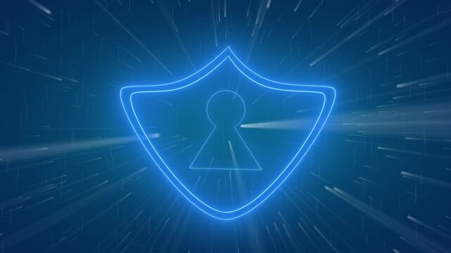 Protective shield symbol safeguards a secure database network. Advanced shield symbol represents corporate data privacy regulations. Cyber security concept with secure shield symbol.