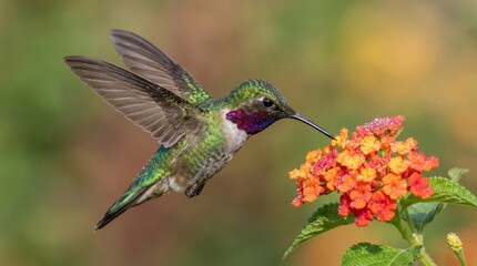 Fototapeta premium Broad-tailed hummingbird hovering and drinking nectar from orange lantana flowers in a sunny garden