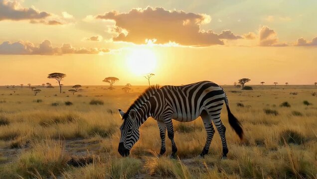 Tranquil 4K nature scene of solitary zebra grazing the golden grasslands at sunset as the warm evening light casts soft glow over the landscape