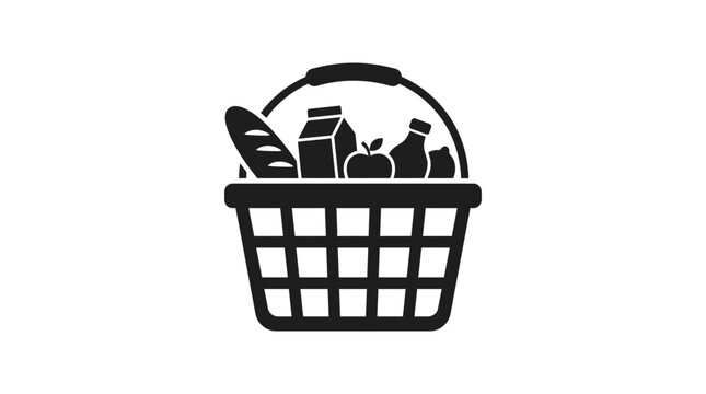 Picnic basket silhouette with bread fruit and carton on white background