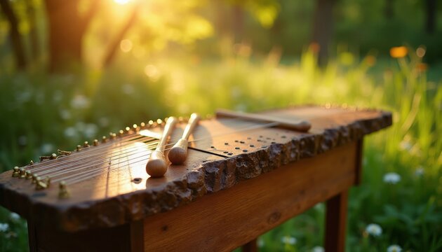 Hammered dulcimer rests on stand in sunny meadow. Wooden instrument with mallets waits for outdoor folk music performance. Nature backdrop has green grass and flowers.