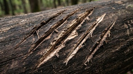 Fototapeta premium Claw Marks on Tree Trunk: Deep, weathered claw marks are deeply etched into the rough bark of a fallen tree trunk in a forest setting, hinting at the presence of a wild animal.