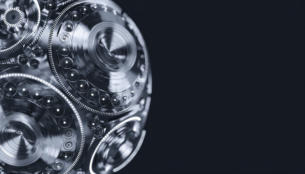 A mechanical soccer ball designed like a sleek supercomputer core, with spinning metallic gears and glowing white LED indicators. Left side composition