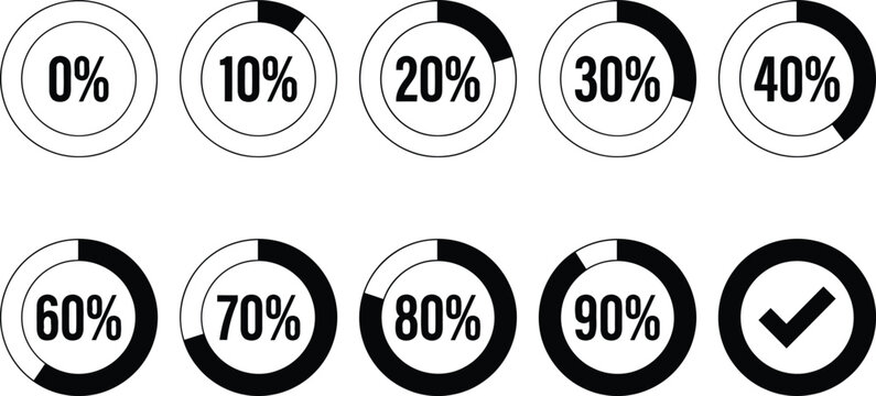 Black and White Minimalist Circle Percentage Progress Charts Set with Check Mark