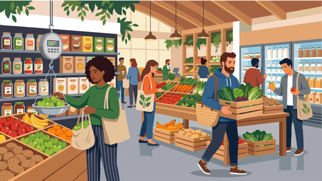Eco-Friendly Grocery Shopping Vector Illustration with Hanging Scale, Zero Waste Organic Supermarket and Sustainable Lifestyle Concept for World Environment Day