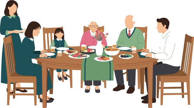 Family dining illustration featuring multi generation relatives enjoying meal together at home and healthy lifestyle gathering concepts
