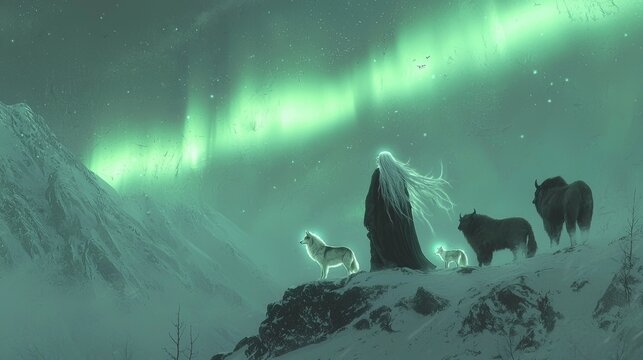 Solitary mystical figure with wolves beneath vivid aurora borealis over snowy mountains in a serene spiritual fantasy landscape