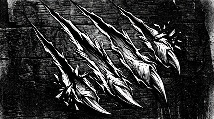 Scratches on Wood: Intense, aggressive claw marks deeply etched into a rough wooden surface, creating a dramatic and ominous texture.