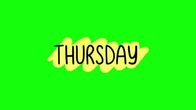 Dynamic animated "Thursday" text graphic appearing in various playful and bold typography styles on a vibrant green screen background, perfect for video projects.