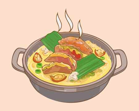 Hot steaming chicken soup with fresh herbs and sliced scallions served in traditional bowl Vector Illustration