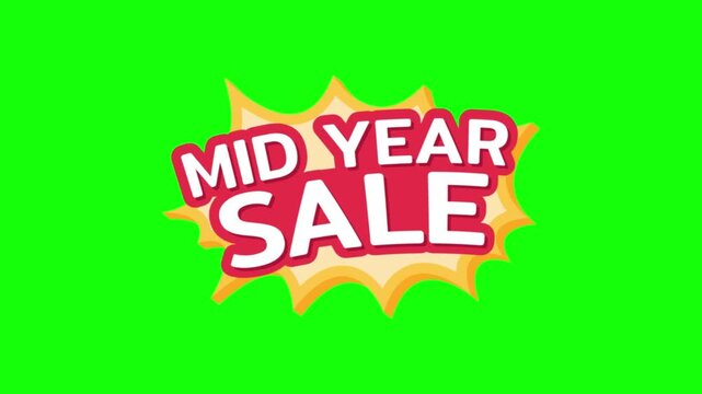 Animated mid year sale promotional motion graphic elements set on a green screen background.