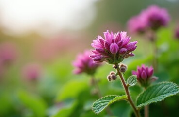 Fototapeta premium Close view of purple flower bud with green leaves. Soft light on fuzzy plant stem. Pink blossom grows in field with blurry background. Nature detail.