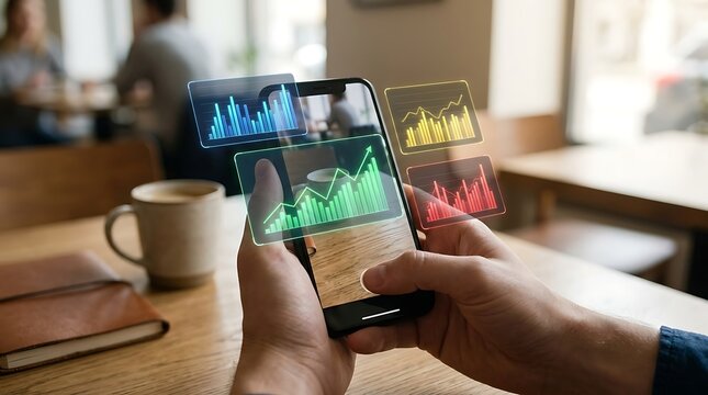 Person viewing financial data charts on a smartphone in a cafe
