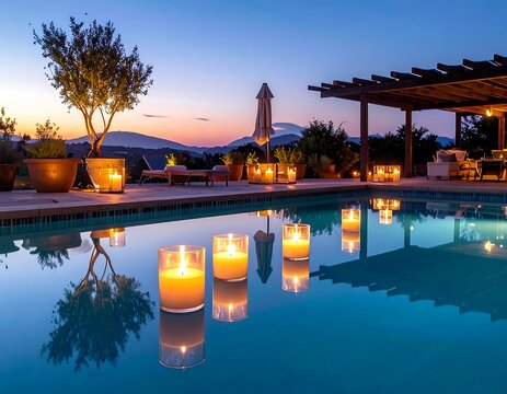 Glowing Candle Lanterns Reflecting in Serene Swimming Pool at Sunset Terrace