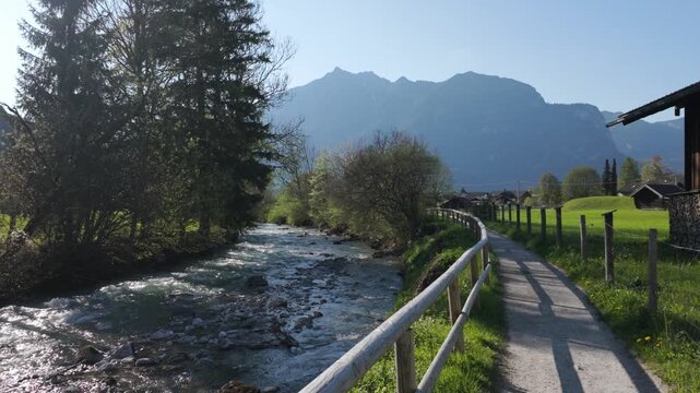 Scenic mountain river and walking path near Zugspitze in Bavaria Germany