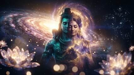 Naklejka premium Ardhanarishvara Cosmic Galaxy – Shiva Parvati Divine Universe Energy