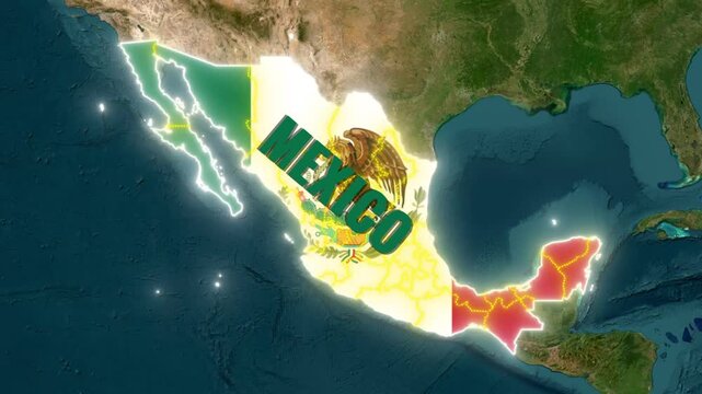 Mexico Map Animation with National Flag Overlay and Glowing Borders on Satellite Background