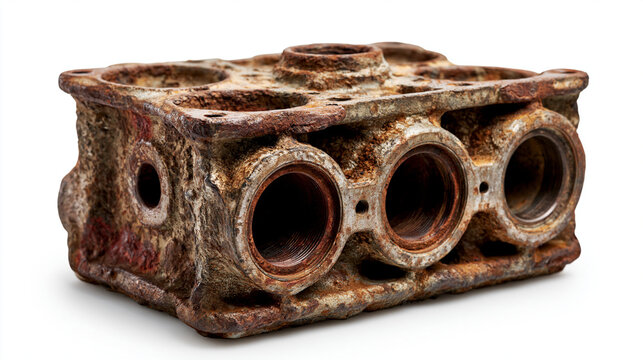 A rusty and corroded engine block with multiple holes and cylinders on a white background
