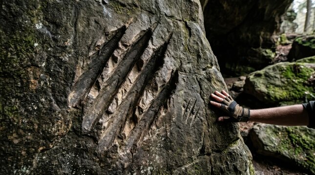 Bear Claw Marks on Ancient Rock: A hand of a hiker touches deep gouges carved into an ancient rock face, believed to be from a bear, in a mysterious forest setting.