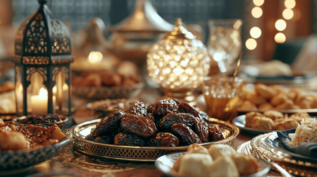 A beautifully set table with dates and pastries for a festive meal or celebration