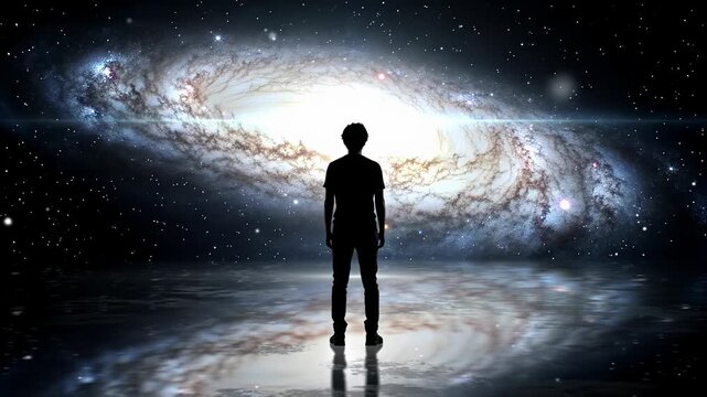A solitary male figure in silhouette on a reflective floor gazes at a colossal, luminous spiral galaxy with pulsating arms and countless stars, evoking cosmic wonder