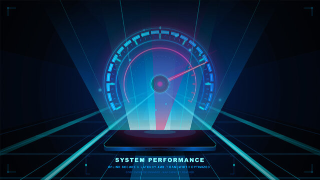 Futuristic system performance HUD with glowing semicircular gauge, neon speed dial, holographic beams and perspective grid on dark background.