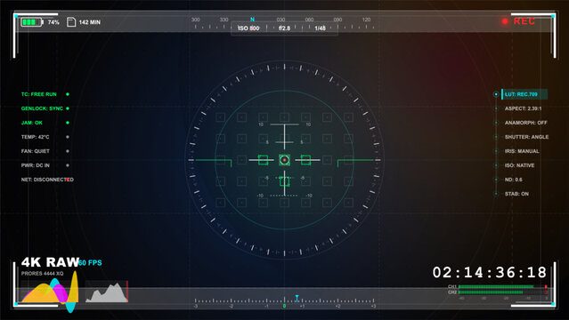 Dark cinema camera recording HUD with central focus reticle, 4K raw indicators, status lists, waveform graphics, audio meters and timecode display.