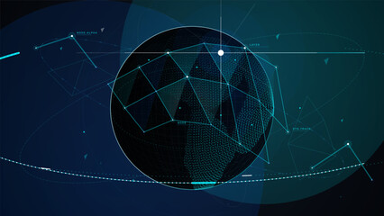 Futuristic digital globe network with cyan polygon connections, dotted world map texture, orbit lines, nodes, and dark technology background © Антон Сальников