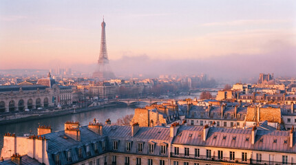 Fototapeta premium Parisian cityscape at dawn, with the Eiffel Tower visible in the distance