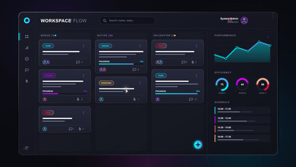 Fototapeta premium Dark workspace flow dashboard with kanban task cards, progress bars, performance chart, efficiency gauges and schedule panel in neon interface.
