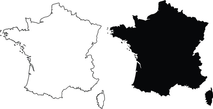 Black silhouette and outline map of france with corsica Vector