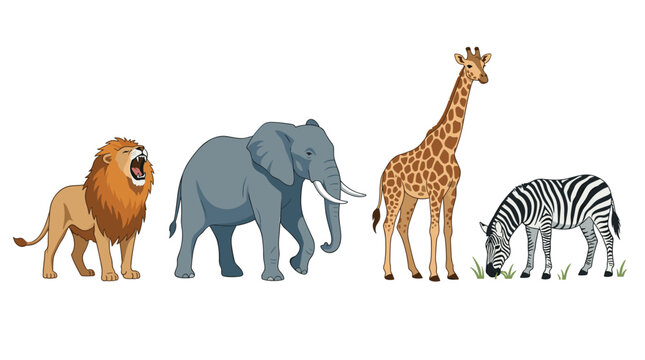 African Safari Animals Lion Elephant Giraffe Zebra Standing Together on White Background