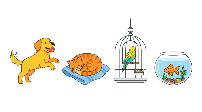 Cute cartoon pets including a dog cat bird and fish in their habitats