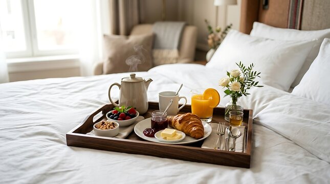 Luxury breakfast in bed with croissant and tea on a wooden tray