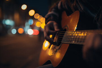 Fototapeta premium Close-Up of Acoustic Guitar Playing at Night with Cinematic Bokeh Lights