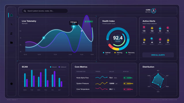 Dark futuristic healthcare telemetry dashboard with live line chart, health index gauge, active alerts, scan bars, metrics table, and radar graph