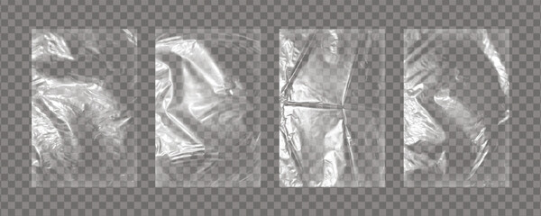 Fototapeta na wymiar Realistic big set of transparent plastic polyethylene bags overlay. Wrapping packaging vinyl texture. Vector illustration