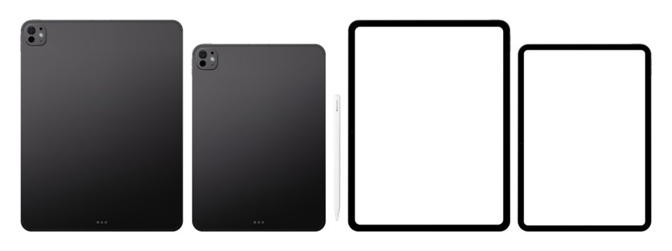 Photorealistic detailed modern black tablet mockup pack with stylus. Front and rear view isolated on transparent background. Vector PNG
