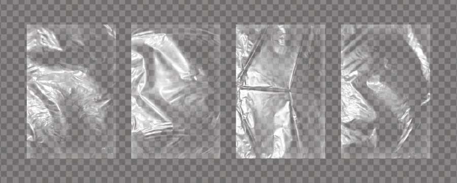 Realistic big set of transparent plastic polyethylene bags overlay. Wrapping packaging vinyl texture. Vector illustration
