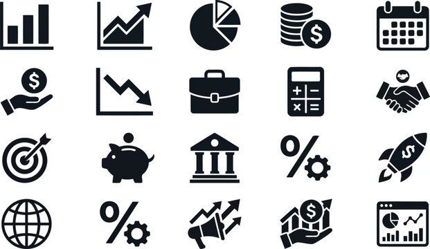 Business and Finance Black Minimalist Icon Set for Corporate Analytics and Financial Growth