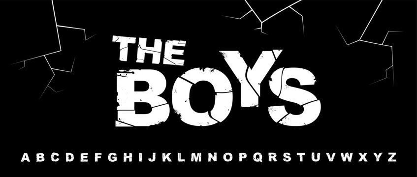 White broken font made with broken stylized letters. Decorative alphabet bold grunge type isolated on black background. The Boys sign. Vector illustration