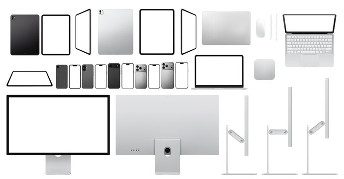 Photorealistic modern smart devices pack mockup: smartphone, pc, laptop, tablet, stylus, mouse, display. Black, silver and gray. Front, back, rear and side views isolated on white background. Vector