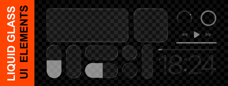 Realistic glass basic IU mockup elements isolated on transparent bakground. Liquid grass style template design. Vector illustration