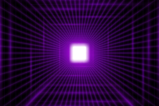 Realistic purple digital portal to virtual reality. Sci-fi square glowing portal. 3D line wormhole tunnel. Vector illustration