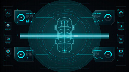 Futuristic vehicle diagnostics HUD interface with glowing top view car scan, circular gauges, system panels, and cyan technical grid background © Антон Сальников