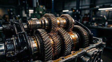 Fototapeta premium Close-up of automotive transmission gearbox gears, revealing complex mechanical engineering for vehicle power transfer and efficiency