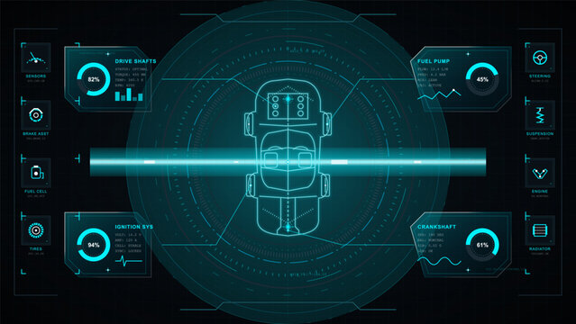 Futuristic vehicle diagnostics HUD interface with glowing top view car scan, circular gauges, system panels, and cyan technical grid background