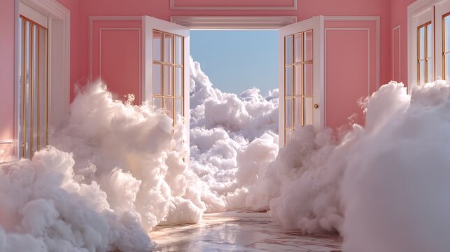 White fluffy clouds floating in front of red wooden house with blue sky