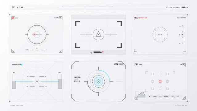 Minimal light camera HUD interface set with six targeting panels, reticles, recording indicators, battery alert, gimbal overlay, and grid layout