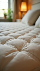 Naklejka premium Soft quilted mattress surface with diamond pattern. Comfortable bedding in cozy bedroom with warm lamp light. Peaceful sleep setup ready for rest.